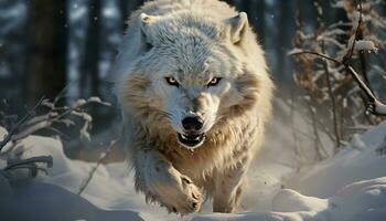 un linda ártico lobo corriendo en el nieve cubierto bosque generado por ai foto