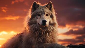 Cute puppy sitting in the snow, looking at the sunset generated by AI photo