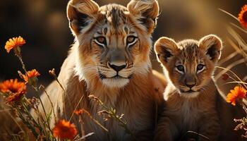 A cute lion cub hiding in the grass, looking at camera generated by AI photo