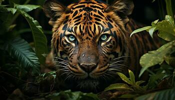 Bengal tiger, majestic feline, staring in the wild rainforest generated by AI photo