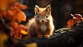 Cute small mammal sitting on a tree, fluffy fur, close up generated by AI photo