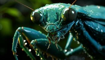 un pequeño verde mosca con multi de colores alas en naturaleza generado por ai foto