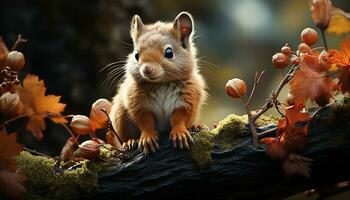 un linda pequeño mamífero sentado en un hoja en otoño generado por ai foto