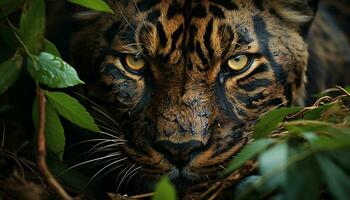 majestuoso Tigre ocultación en tropical selva, curioso con cautivador ojos generado por ai foto