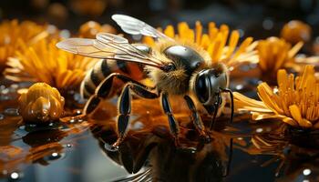 A buzzing bee collects pollen from a yellow flower in nature generated by AI photo