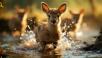 linda joven ciervo jugando en el agua, mirando a cámara generado por ai foto