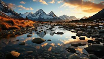 majestuoso montaña pico refleja tranquilo puesta de sol en Nevado paisaje generado por ai foto