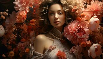 A beautiful young woman with curly hair and a flower generated by AI photo