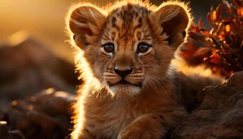 majestuoso león, a rayas pelo, mirando a cámara, salvaje belleza capturado generado por ai foto