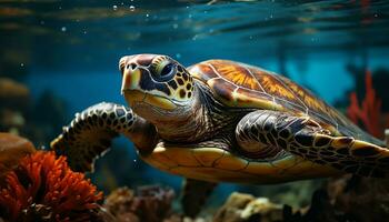 Turtle swims gracefully in the blue, tropical underwater paradise generated by AI photo