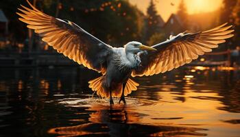 Seagull spreads wings, reflecting beauty in tranquil sunset over pond generated by AI photo