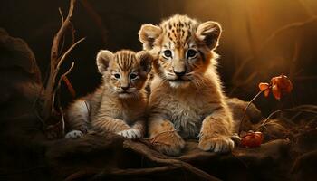 A cute lion cub playing in the grass, looking at camera generated by AI photo