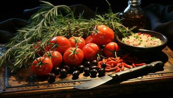 Freshness and nature on a wooden table, healthy vegetarian gourmet salad generated by AI photo
