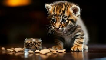 Cute small striped kitten playing with toy, looking at camera generated by AI photo