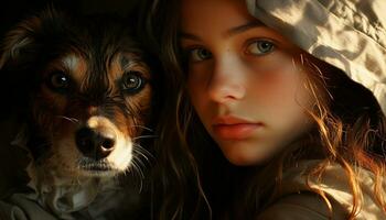 un linda niña y su cachorro, abrazando en naturaleza belleza generado por ai foto