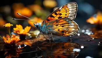 Vibrant butterfly wing showcases nature beauty in multi colored close up generated by AI photo