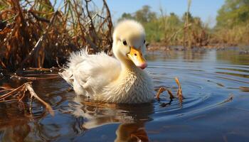 A cute duckling quacks by the pond in the meadow generated by AI photo