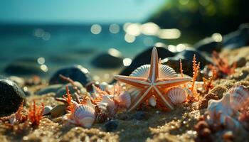 The tranquil scene of a sunset on a tropical coastline generated by AI photo