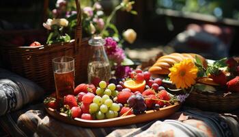 Freshness of nature bounty in a picnic basket of organic fruit generated by AI photo