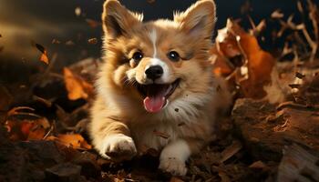 A cute puppy sitting in the autumn forest, looking playful generated by AI photo