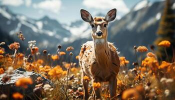 A cute deer grazes peacefully in the green meadow generated by AI photo