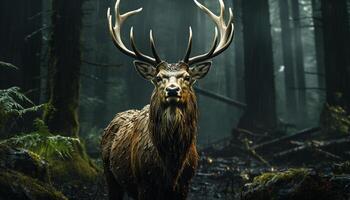 Majestic stag stands in the dark forest, a winter mystery generated by AI photo