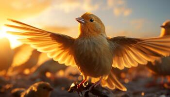 un vibrante atardecer, un pequeño Paloma se extiende sus alas en libertad generado por ai foto