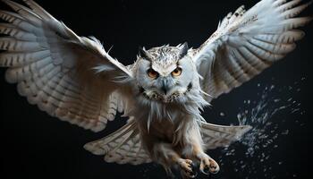 Flying bird of prey, close up portrait, spread wings, looking at camera generated by AI photo