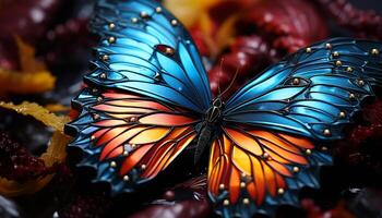 Vibrant colored butterfly showcases nature beauty in close up macro generated by AI photo