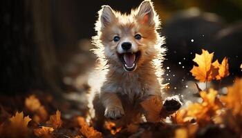 A cute puppy playing in the autumn forest, pure joy generated by AI photo