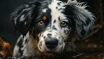 Cute puppy sitting, looking at camera, wet fur, nature beauty generated by AI photo