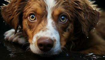 Cute puppy, wet fur, sitting, looking at camera, loyal friend generated by AI photo