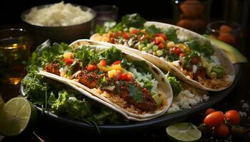 A delicious Mexican meal with beef, guacamole, and grilled vegetables generated by AI photo