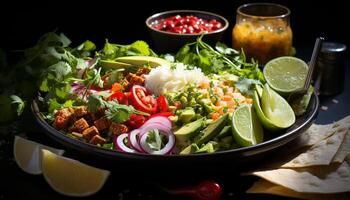 Freshness on a plate healthy salad, gourmet guacamole, grilled seafood generated by AI photo