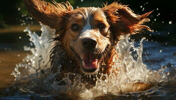 Wet dog splashing water, playful puppy swimming, pure joy and happiness generated by AI photo