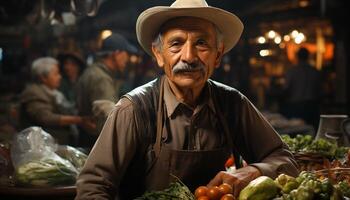 A mature farmer selling fresh vegetables, looking at camera with pride generated by AI photo