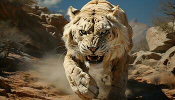 majestuoso león caminando en el desierto, feroz y cautivador generado por ai foto