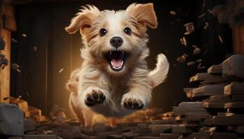 Cute puppy sitting, looking at camera, playful, fluffy, cheerful generated by AI photo