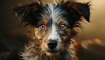 linda perrito retrato, pequeño, húmedo, mirando a cámara, peludo amigo generado por ai foto