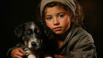 un linda perro retrato, pequeño y juguetón, mirando a cámara generado por ai foto