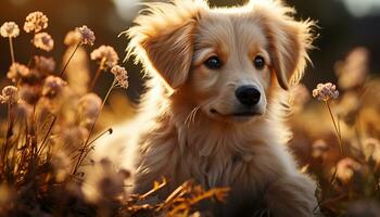 Cute puppy sitting in grass, looking at camera, playful and happy generated by AI photo