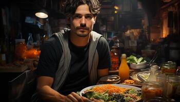 A young man sitting at a table, looking at camera generated by AI photo