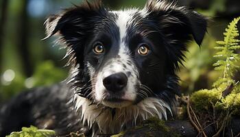 Cute puppy sitting on grass, looking at camera with loyalty generated by AI photo