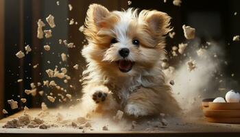 Cute small puppy playing in snow, looking at camera happily generated by AI photo