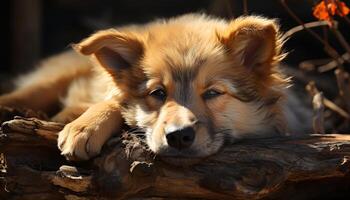 Cute puppy sitting, looking at camera, playful in the grass generated by AI photo