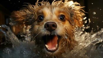 Cute wet puppy sitting in bathtub, playful and pampered generated by AI photo