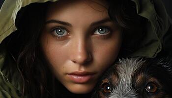 Cute woman embraces wet puppy, both smiling, looking at camera generated by AI photo