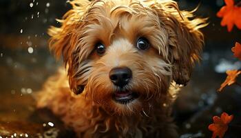 Cute puppy, wet fur, sitting, looking at camera, playful nature generated by AI photo