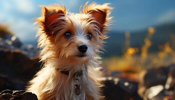 Cute puppy sitting in the grass, looking at the sunset generated by AI photo