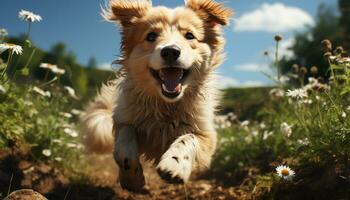 Cute puppy playing in the grass, pure joy and happiness generated by AI photo